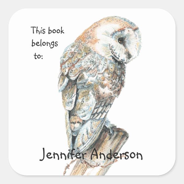 Watercolor Barn Owl Bird art Custom Bookplate Square Sticker (Front)