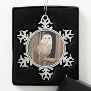 Watercolor Barn Owl Bird Nature Art Snowflake Pewter Christmas Ornament