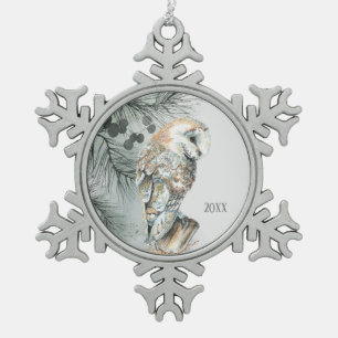 Watercolor Barn Owl Bird Nature Wildlife Art    Snowflake Pewter Christmas Ornament