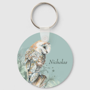 Watercolor Barn Owl Bird Wildlife Nature Art Key Ring