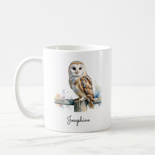 Watercolor Barn Owl Personalised Coffee Mug (Left)