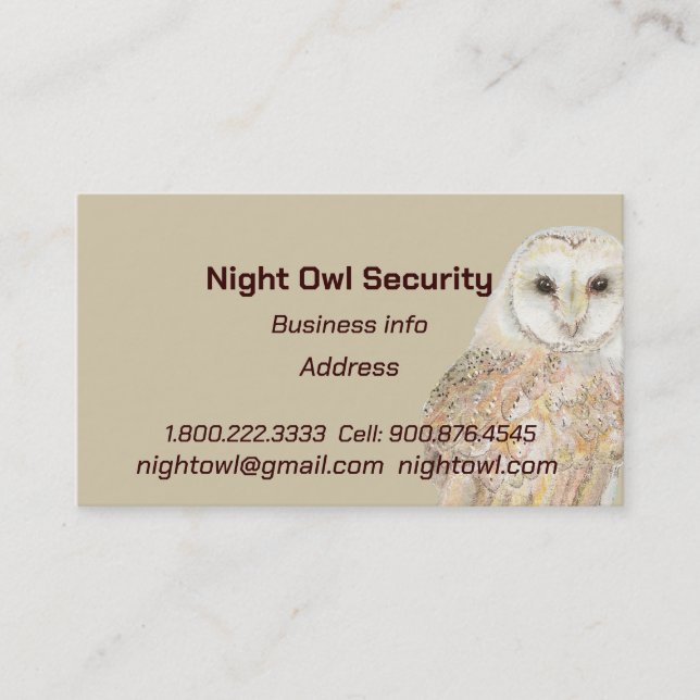 Watercolor Barn Owl Security Night Owl Business Card (Front)