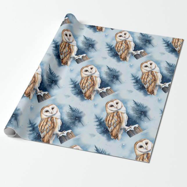 Watercolor Barn Owl Winter Snowflakes Wrapping Paper (Unrolled)