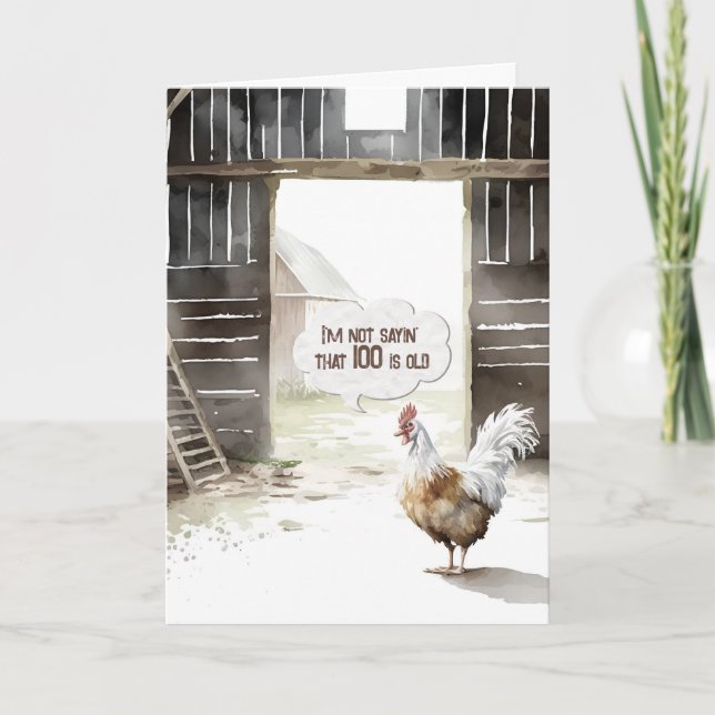 Watercolor Barn Rooster 100th Birthday Humour Card (Front)
