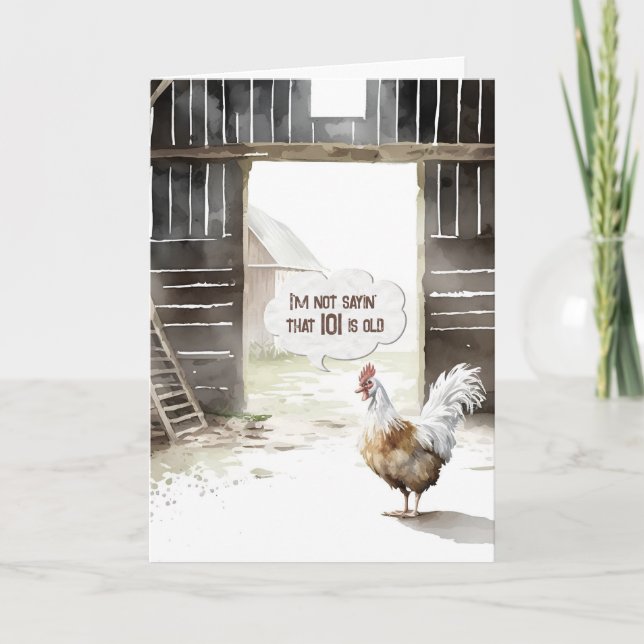 Watercolor Barn Rooster 101st Birthday Humour Card (Front)