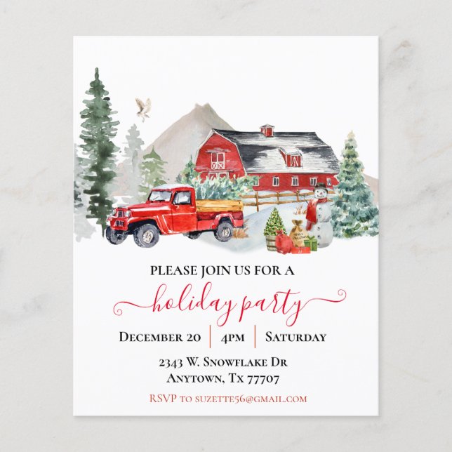 Watercolor Barn Truck Rustic Christmas Party Invit Flyer (Front)
