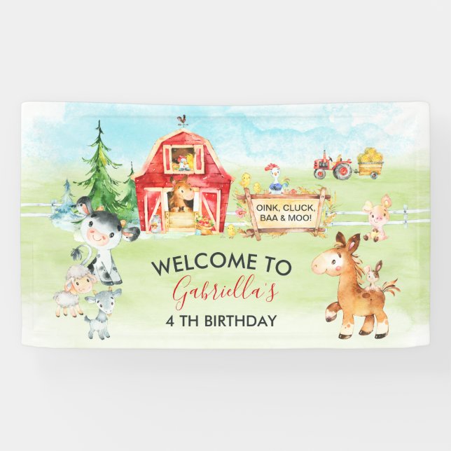 Watercolor Barnyard and Farm Animals Kids Birthday Banner (Horizontal)