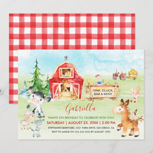 Watercolor Barnyard and Farm Animals Kids Birthday Invitation (Front/Back)