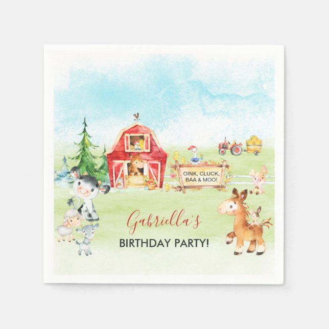 Watercolor Barnyard and Farm Animals Kids Birthday Napkin (Front)