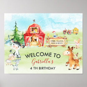 Watercolor Barnyard and Farm Animals Kids Birthday Poster