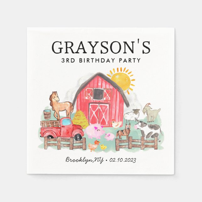 Watercolor Barnyard Animals Kids Farm Birthday Napkin (Front)