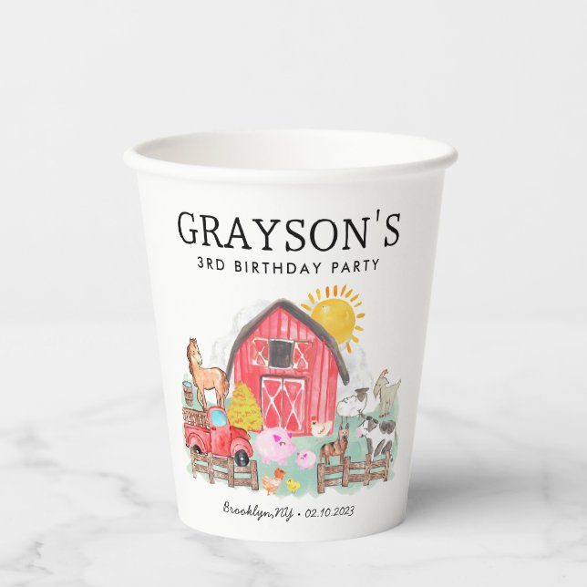 Watercolor Barnyard Animals Kids Farm Birthday Paper Cups (Front)