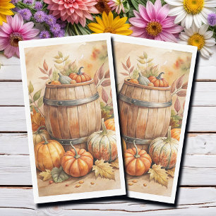 Watercolor Barrel with Pumpkins Fall Napkin