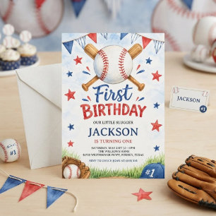 Watercolor Baseball 1st Birthday Invitation