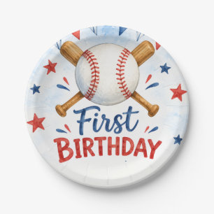 Watercolor Baseball 1st Birthday Paper Plate