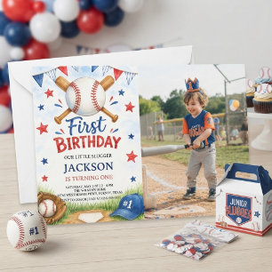 Watercolor Baseball 1st Birthday Photo Invitation