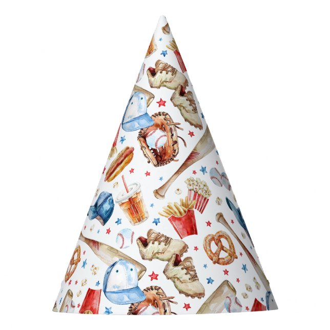 Watercolor Baseball Birthday Party Hat (Front)