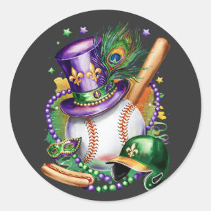 Watercolor baseball brings the Mardi Gras vibe. Classic Round Sticker