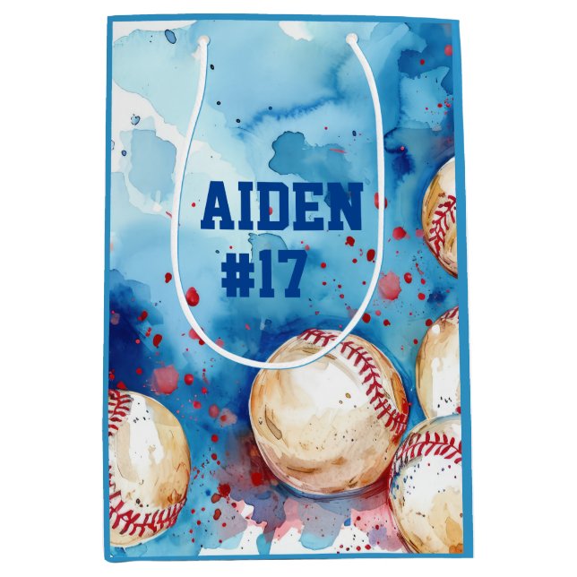 Watercolor Baseball Custom Name Medium Gift Bag (Front)