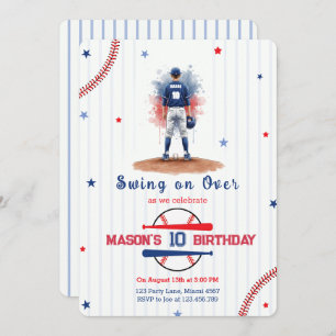 Watercolor Baseball Player Boy 10th Birthday Invitation