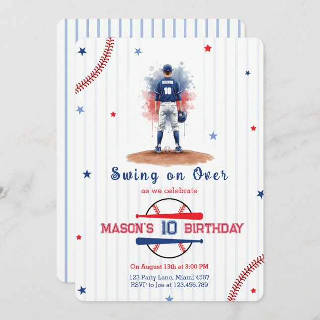 Watercolor Baseball Player Boy 10th Birthday Invitation (Front/Back)