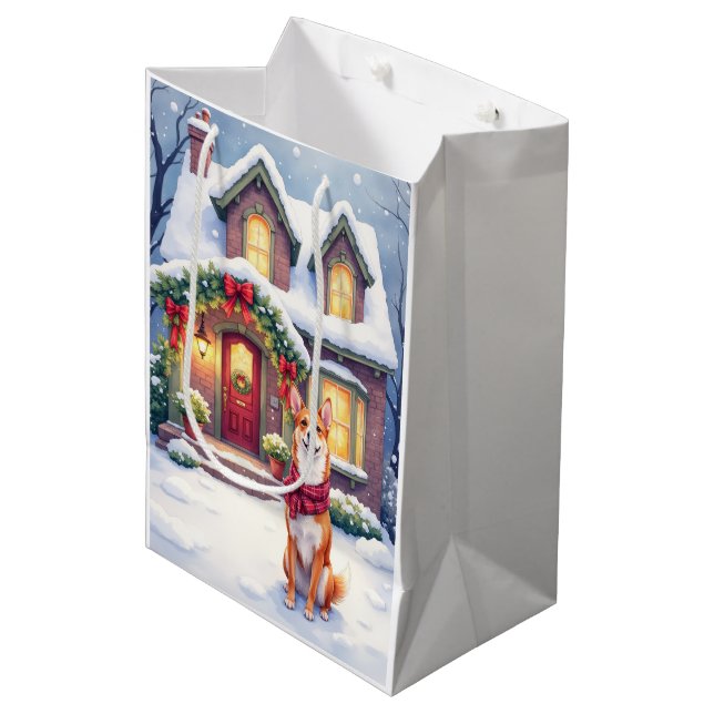 Watercolor Basenji Townhouse Christmas Holiday Medium Gift Bag (Front Angled)