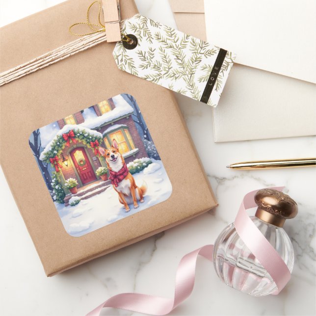 Watercolor Basenji Townhouse Christmas Holiday Square Sticker (Gifting)