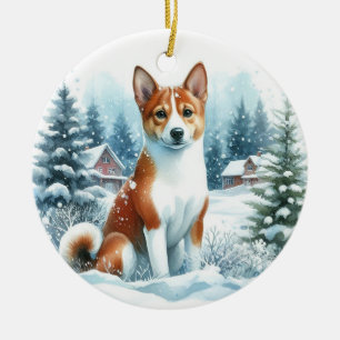 Watercolor Basenji Winter Wonderland Scene Ceramic Tree Decoration