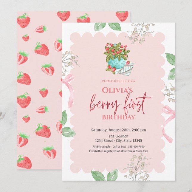Watercolor Basket Strawberries  1st Birthday  Invitation (Front/Back)