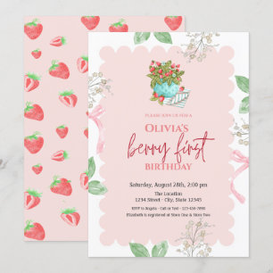 Watercolor Basket Strawberries 1st Birthday Invitation