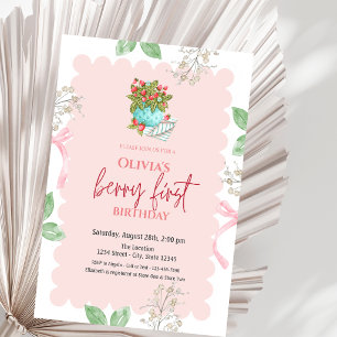 Watercolor Basket Strawberries 1st Birthday Invitation