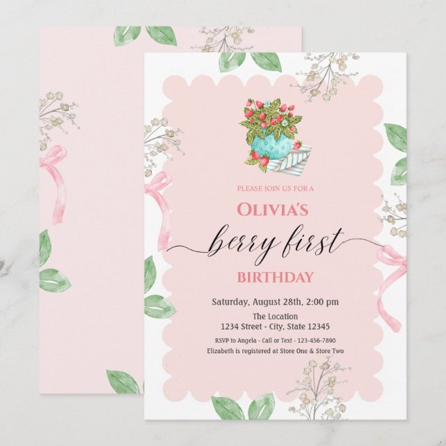 Watercolor Basket Strawberry Leaves 1st Birthday  Invitation (Front/Back)