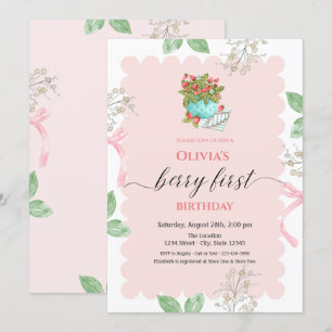 Watercolor Basket Strawberry Leaves 1st Birthday Invitation