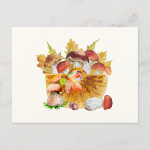 Watercolor Basket with Autumn Forest Mushrooms Postcard
