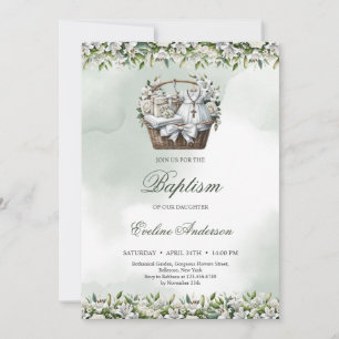 Watercolor basket with Baptism supplies white lily Invitation
