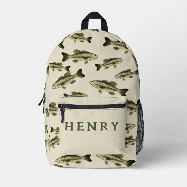 Watercolor Bass Fish with Green Text Printed Backpack (Front)