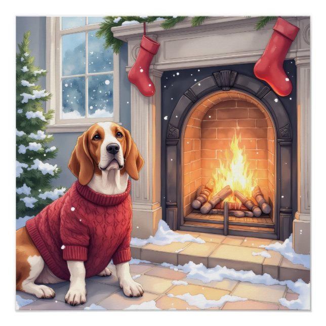 Watercolor Basset Hound Cozy Fireplace Christmas Poster (Front)