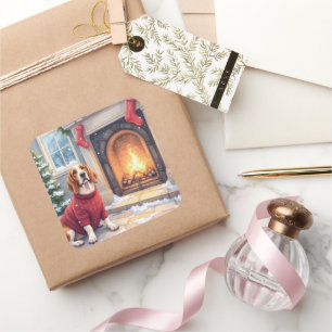 Watercolor Basset Hound Cozy Fireplace Christmas Square Sticker