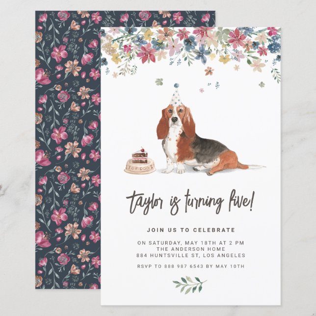 Watercolor Basset Hound Dog Birthday Invitation (Front/Back)