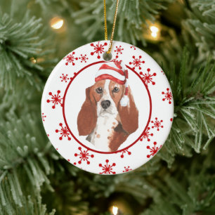 Watercolor Basset Hound Santa Hat Snowflake Ceramic Tree Decoration