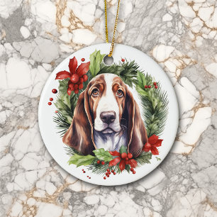 Watercolor Basset Hound Wreath Christmas Ceramic Tree Decoration