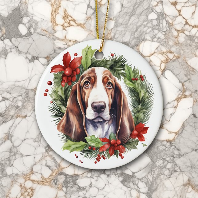 Watercolor Basset Hound Wreath Christmas Ceramic Tree Decoration (Creator Uploaded)