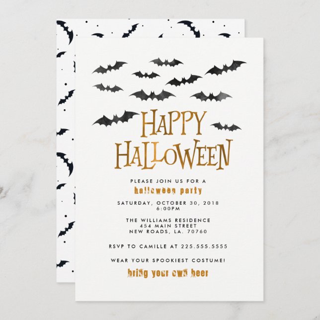 Watercolor Bats Halloween Party Invitation (Front/Back)