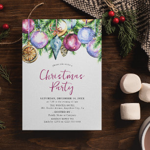 Watercolor Bauble Christmas Party Invitation
