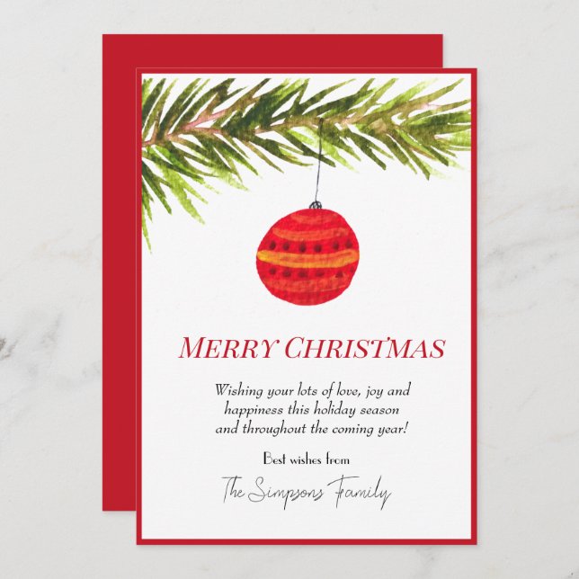 Watercolor Bauble Christmas Tree Merry and bright Holiday Card (Front/Back)