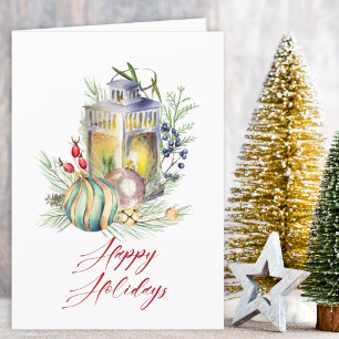 Watercolor Baubles and Lantern Holiday Greeting Card