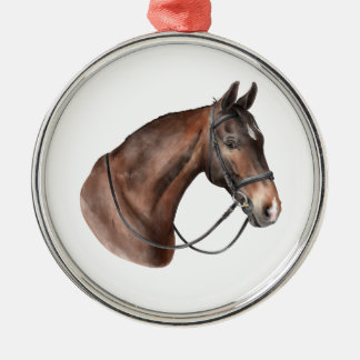 Watercolor Bay horse head in a bridle Metal Tree Decoration