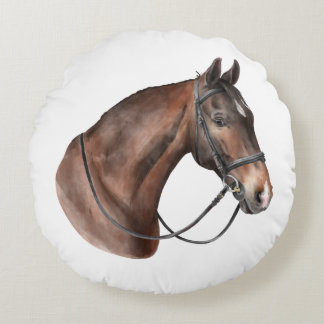 Watercolor Bay horse head in a bridle Round Cushion