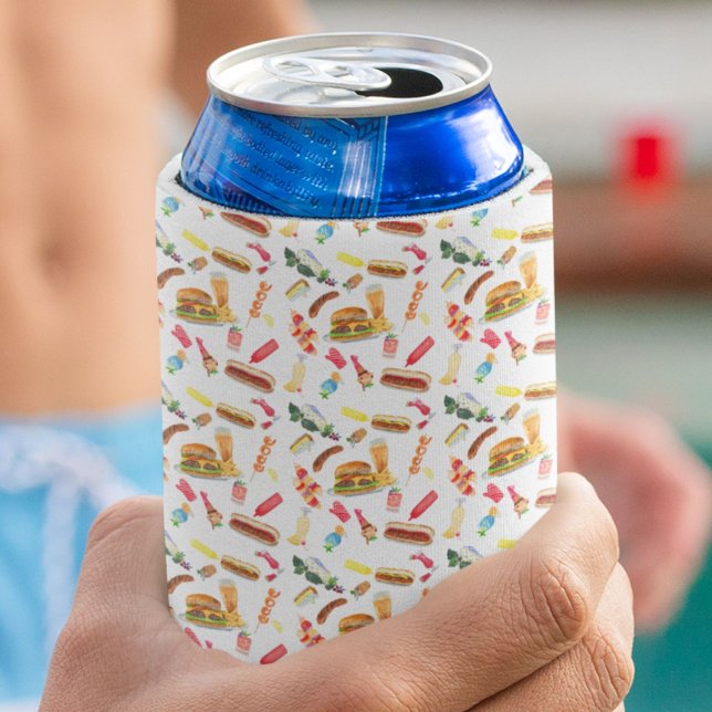 Watercolor BBQ Food, Drinks & Desserts Pattern Can Cooler (Creator Uploaded)