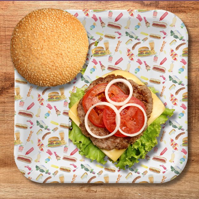 Watercolor BBQ Food, Drinks & Desserts Pattern Paper Plate (Creator Uploaded)
